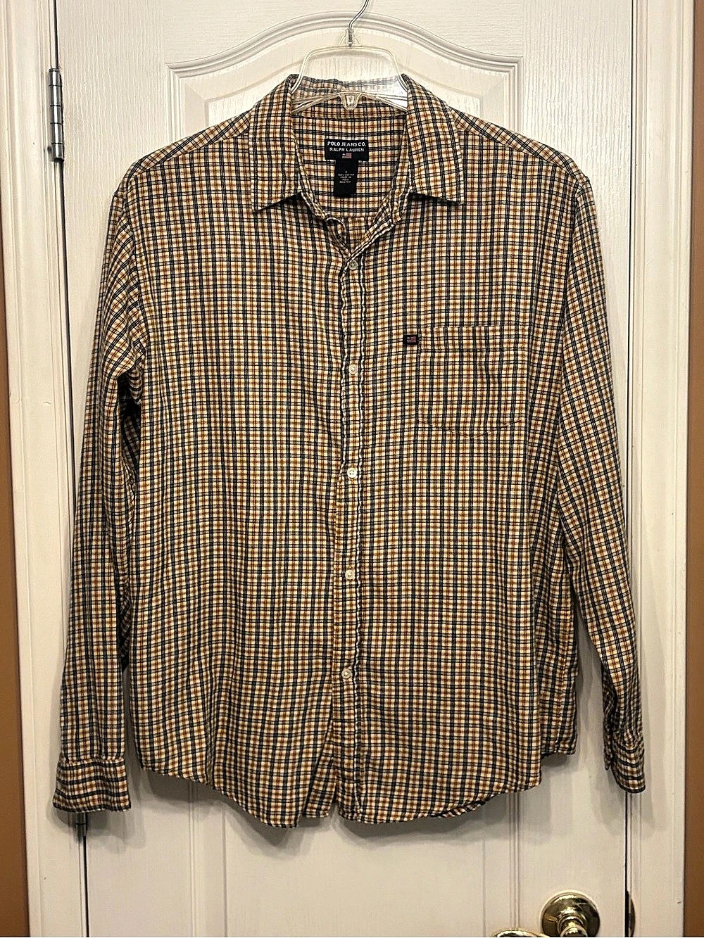 90s Vintage Polo Jeans Co. Earth-Toned Plaid Button-Down Flannel Shirt Men’s L